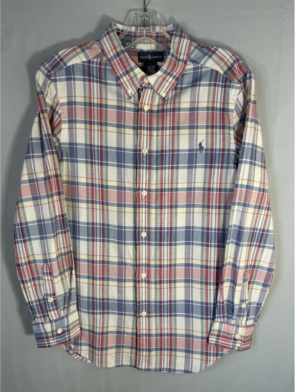 Polo Ralph Lauren Boys L 14-16 Plaid Button Down Shirt Blue Pink 100% Cotton